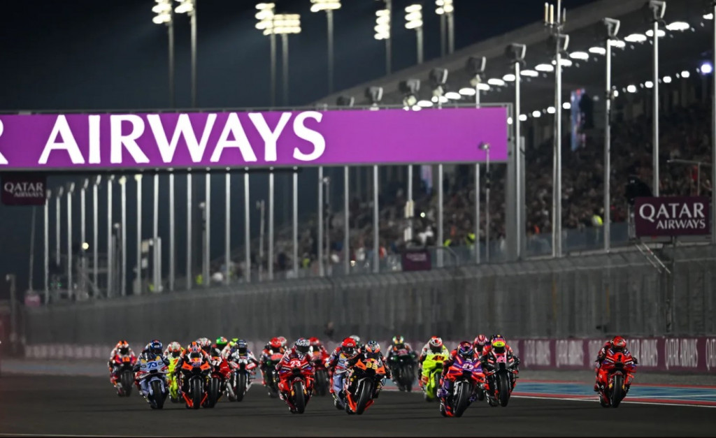 The full MotoGP fly off the starting grid at the Losail International Circuit in Qatar